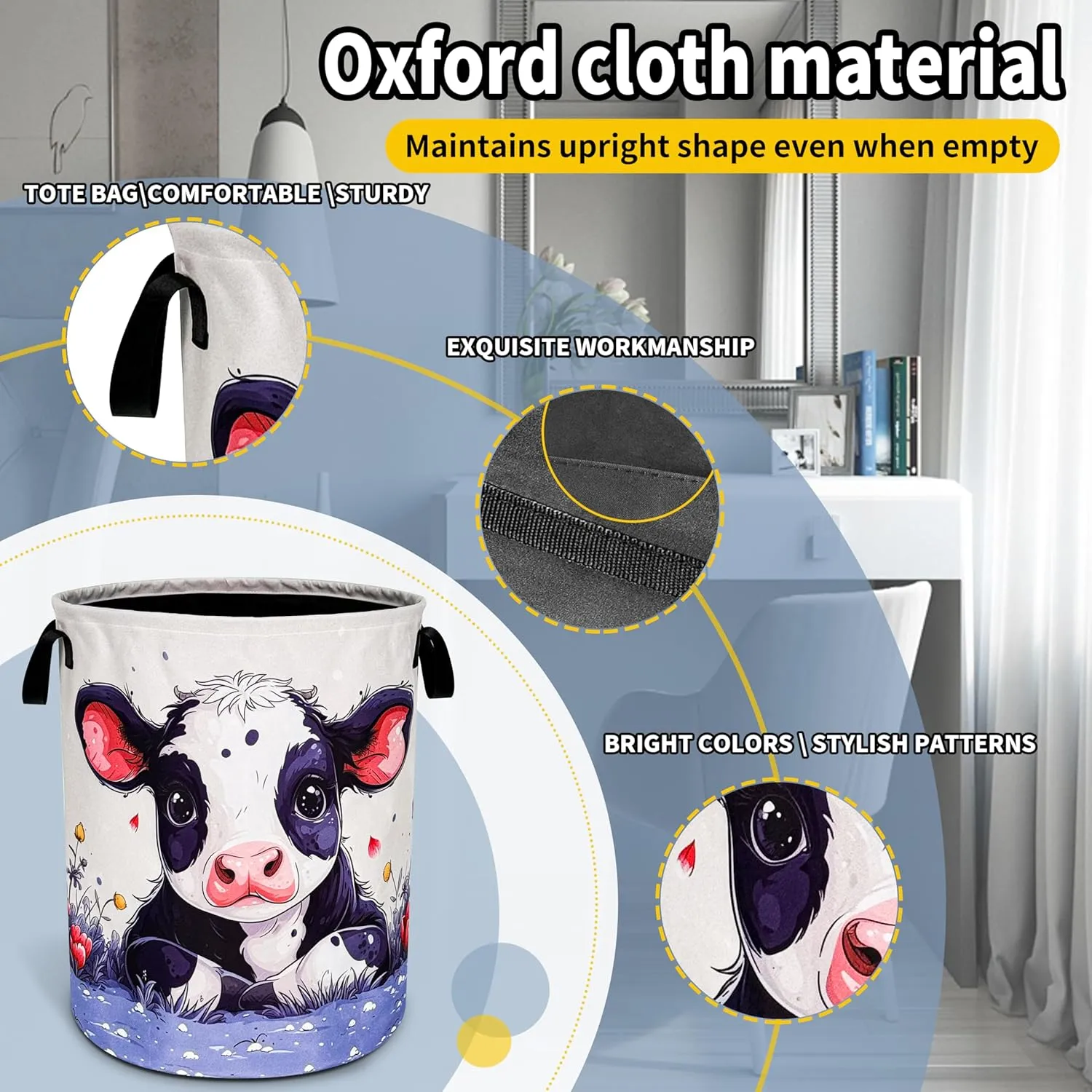 Cute Cow Laundry Basket Animal Foldable Oxford Cloth Funny Tote Bag Laundry Hamper Clothes Storage Bucket Toy Organizer For Bathroom/Laundry Storage/Bedroom 18.9x16.5 Inch