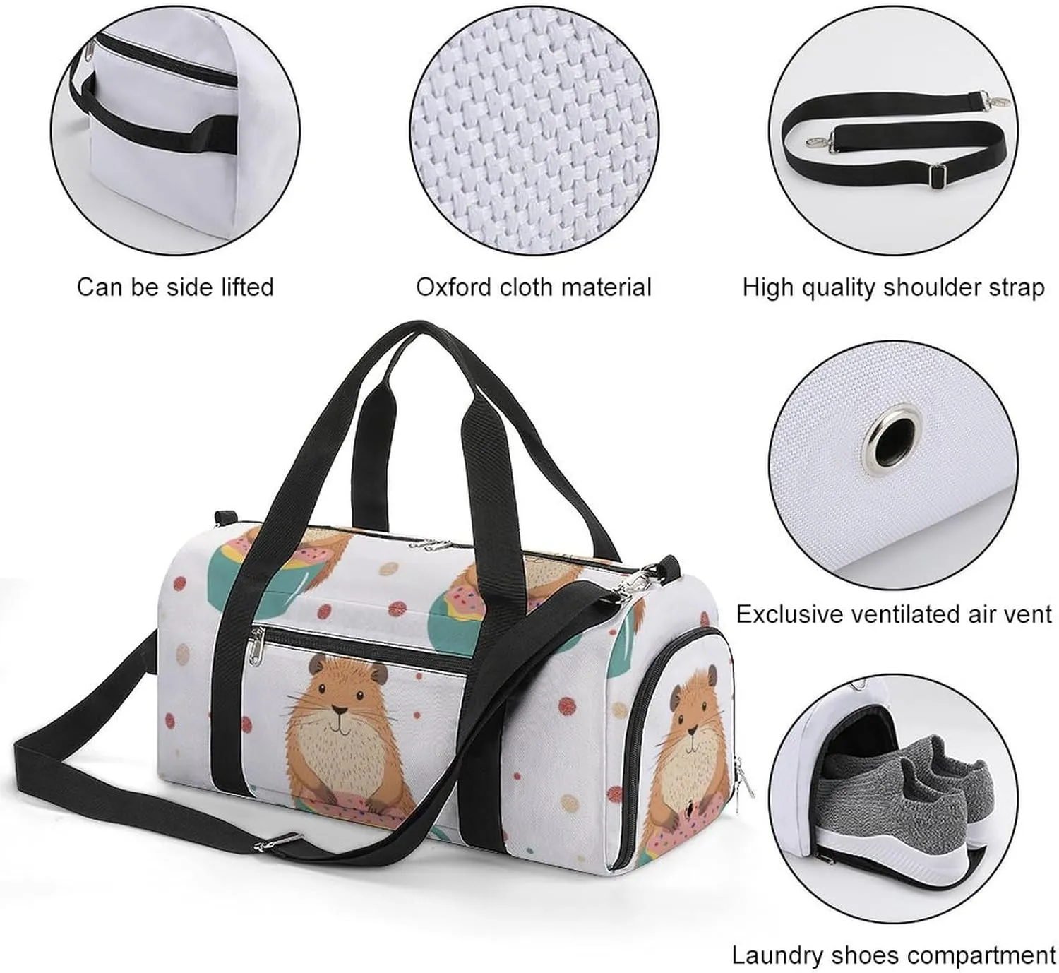 Cute Funny Capybar Fitness Large Gym Bag for Unisex with Shoe Compartment & Wet Pocket