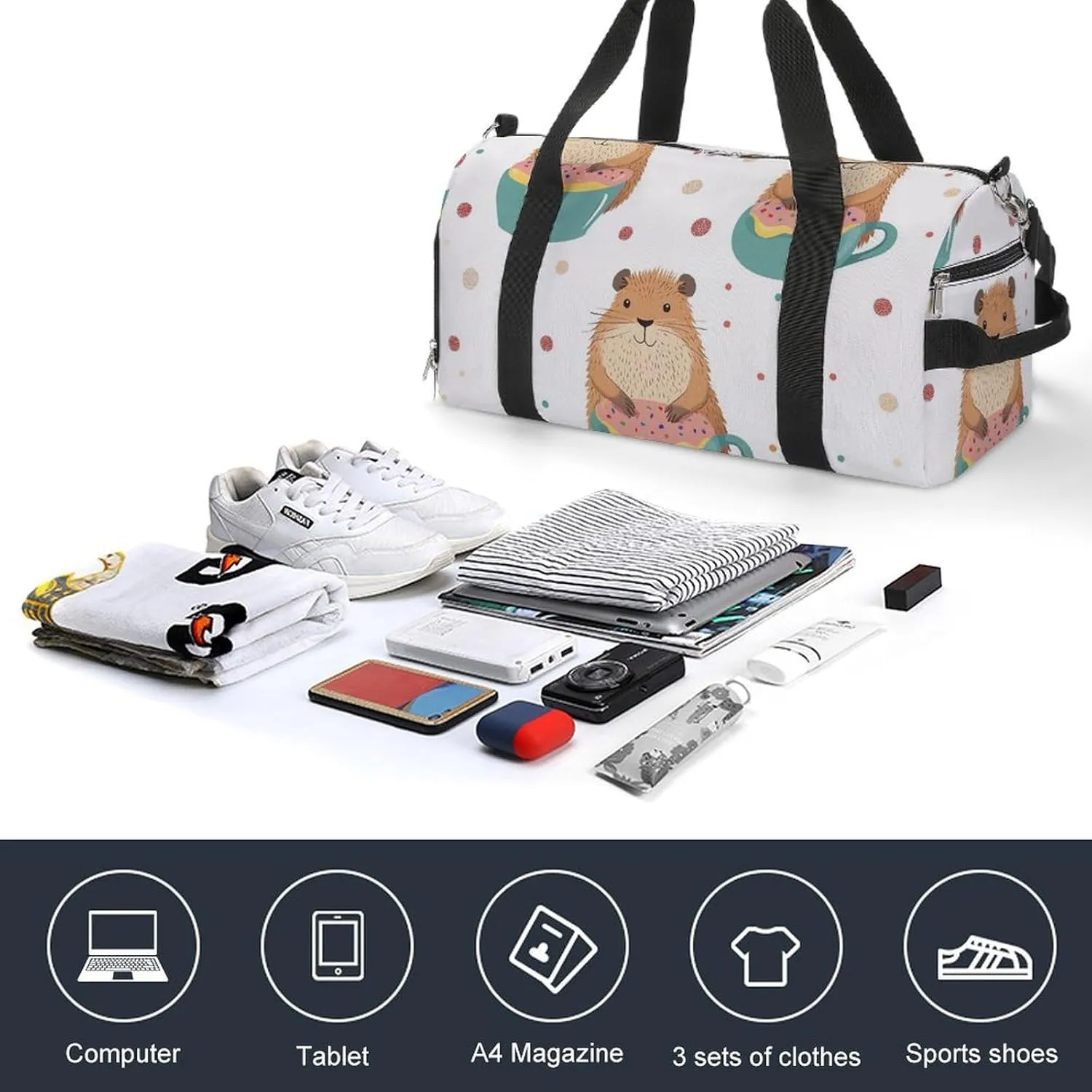 Cute Funny Capybar Fitness Large Gym Bag for Unisex with Shoe Compartment & Wet Pocket