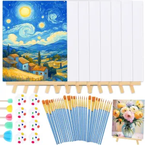 DIYDEC 59 Pack Canvas with Easel Set Mini Painting Kit with 8 x 10 Inch Canvas Wooden Easels Paint Brushes Sponge Seal Small Painting Kit for Kids Teenagers Acrylic Oil Watercolor Gifts Party Favor