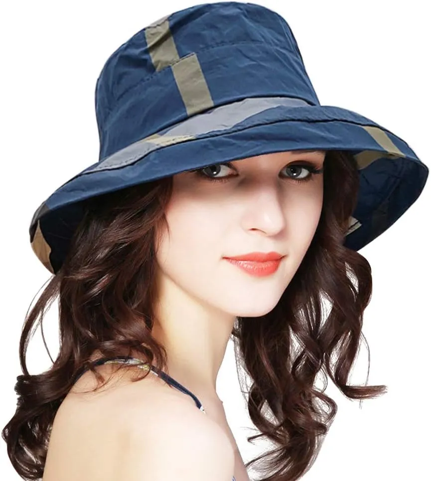 DOCILA Stylish Bucket Hats for Women Foldable Outdoor Plaid Fisherman Sun/Rain Cap with Chin Strap