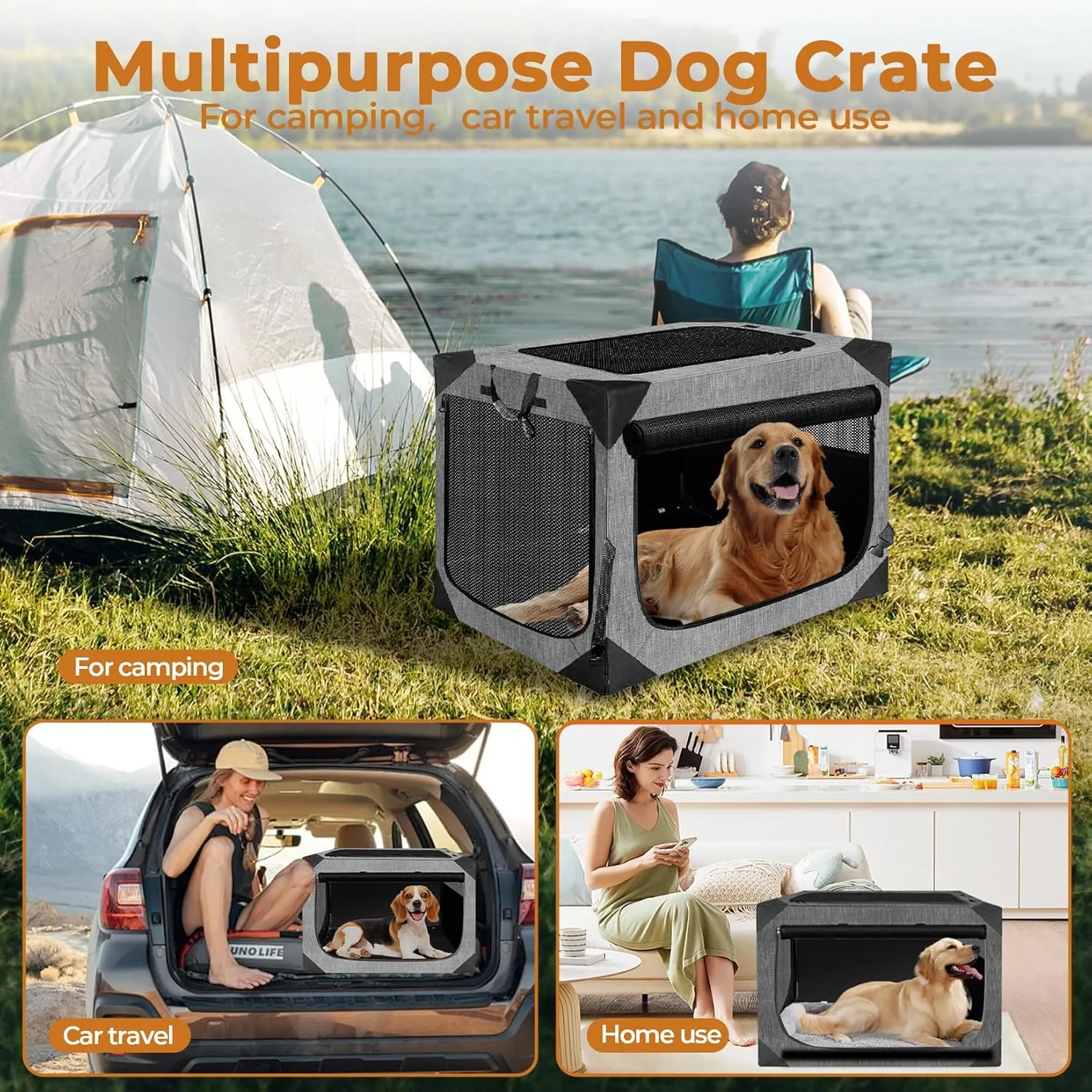 Dog Crate, Collapsible Soft Travel Crate for Large Dogs (3 Year Warranty), Indoor & Outdoor Portable Pet Kennel with Chew-Proof Mesh Window (Dark Gray, 36" L x 25" W x 25" H) ﻿