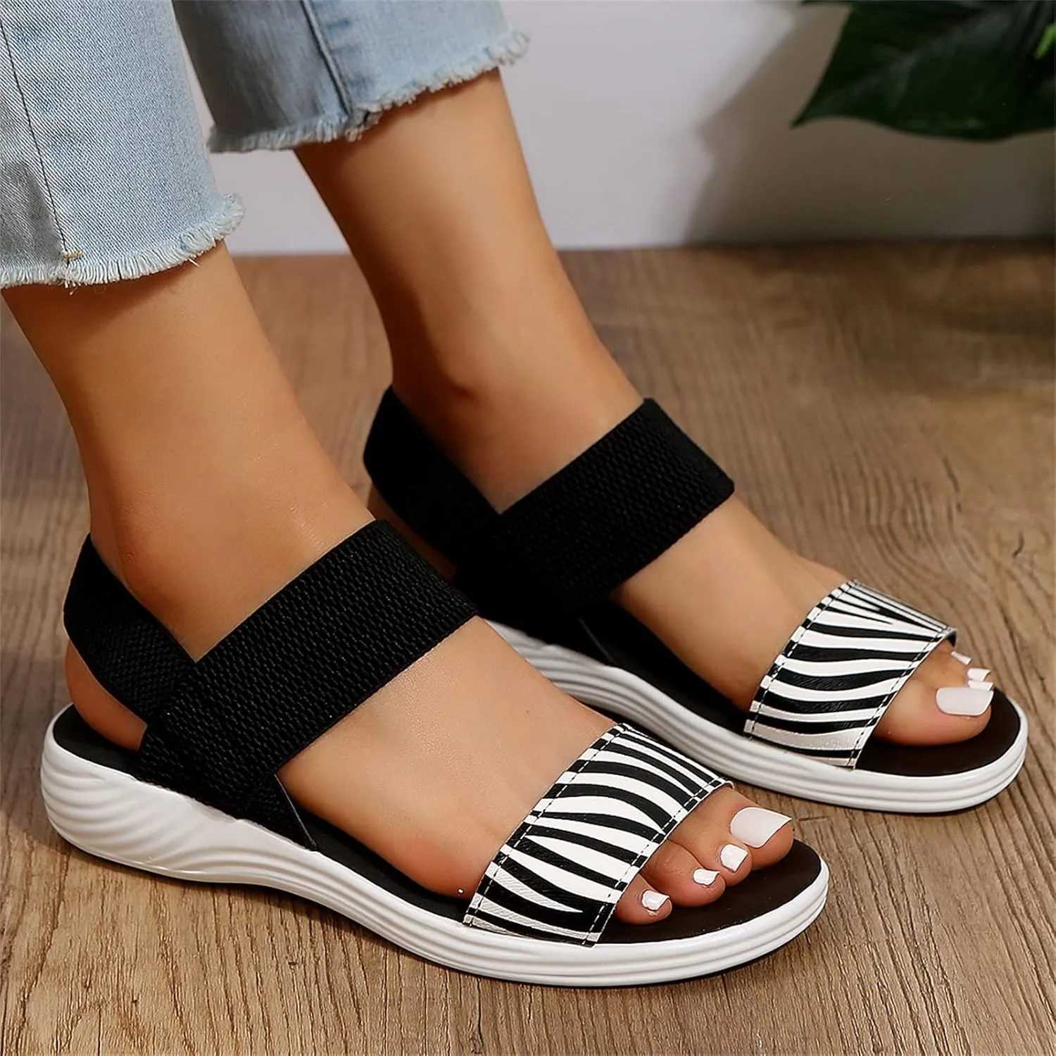 DOIX Womens Flats Sandals Zebra Print Open Toe Fish Mouth Sandals Summer Elastic Knitting Ankle Strap Slip on Sandals Loafer Walking Shoes Sport Sandals,Black,US7/EU38