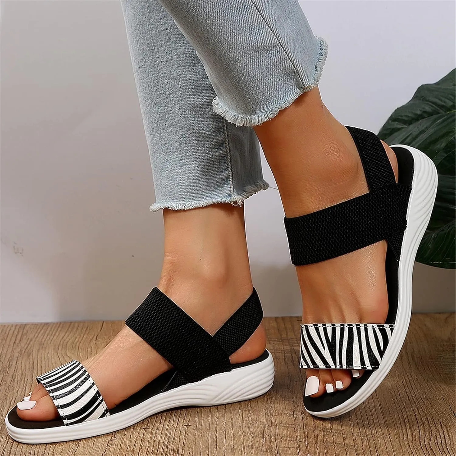 DOIX Womens Flats Sandals Zebra Print Open Toe Fish Mouth Sandals Summer Elastic Knitting Ankle Strap Slip on Sandals Loafer Walking Shoes Sport Sandals,Black,US7/EU38