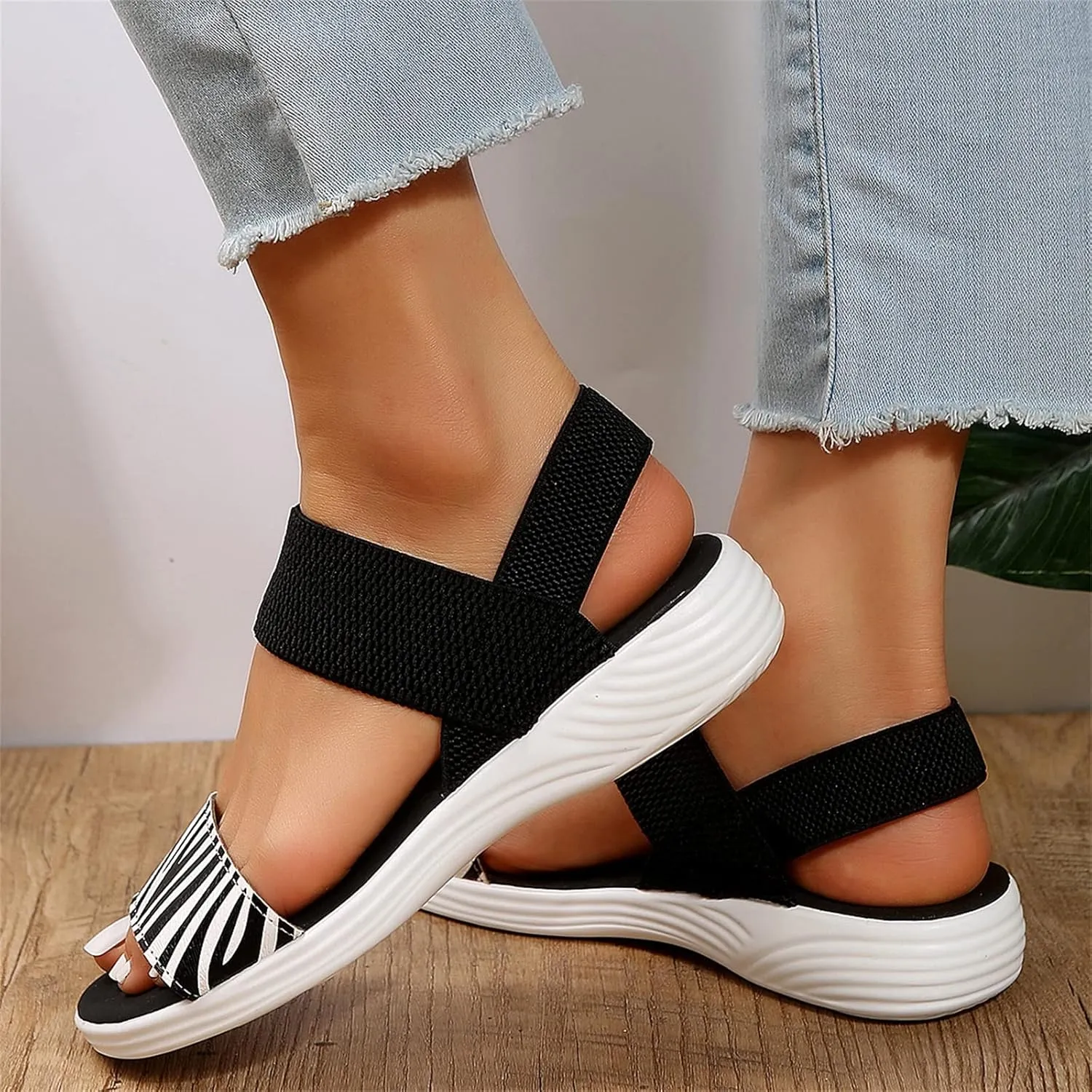 DOIX Womens Flats Sandals Zebra Print Open Toe Fish Mouth Sandals Summer Elastic Knitting Ankle Strap Slip on Sandals Loafer Walking Shoes Sport Sandals,Black,US7/EU38