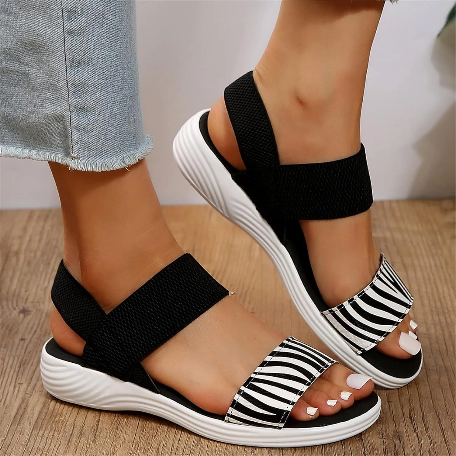 DOIX Womens Flats Sandals Zebra Print Open Toe Fish Mouth Sandals Summer Elastic Knitting Ankle Strap Slip on Sandals Loafer Walking Shoes Sport Sandals,Black,US7/EU38