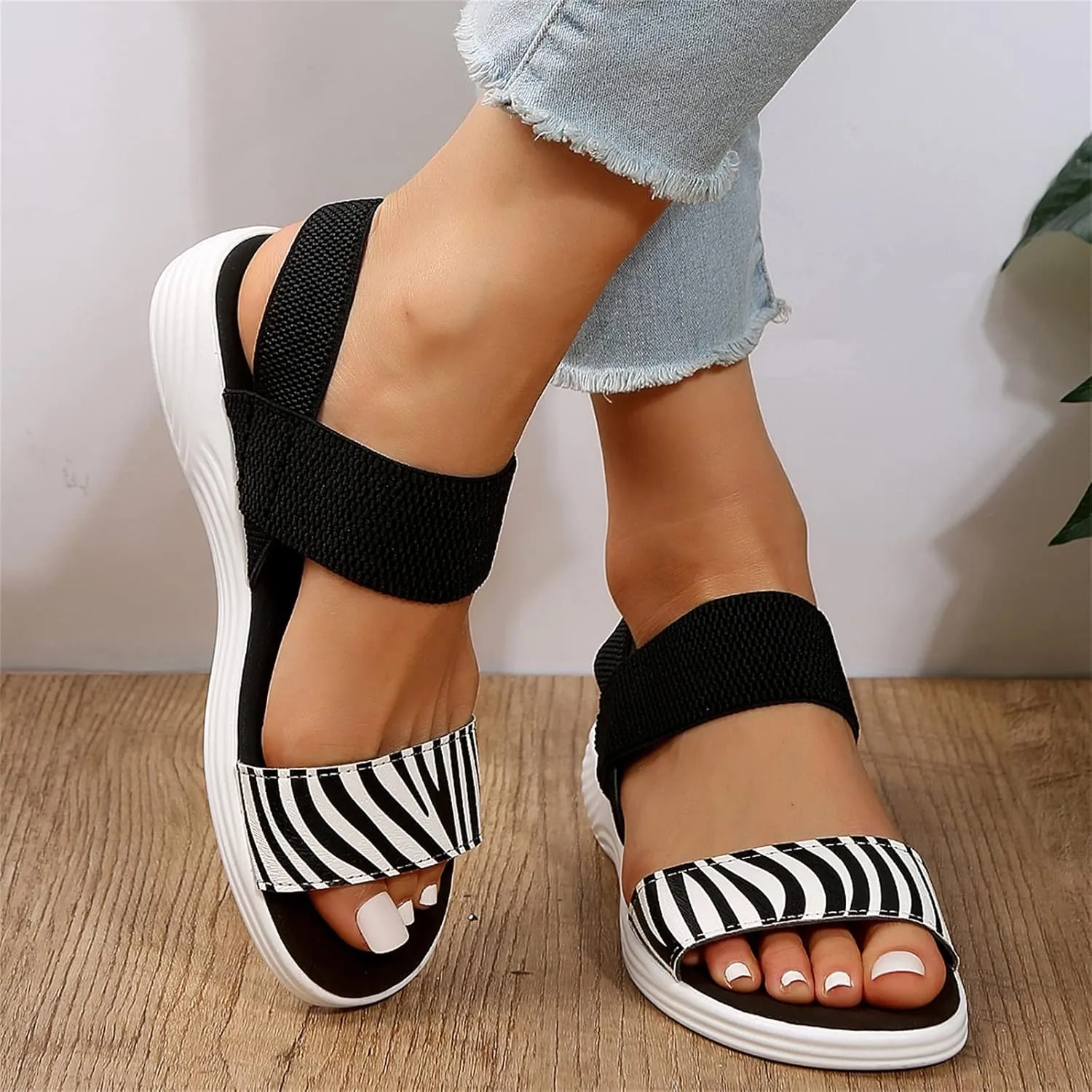 DOIX Womens Flats Sandals Zebra Print Open Toe Fish Mouth Sandals Summer Elastic Knitting Ankle Strap Slip on Sandals Loafer Walking Shoes Sport Sandals,Black,US7/EU38