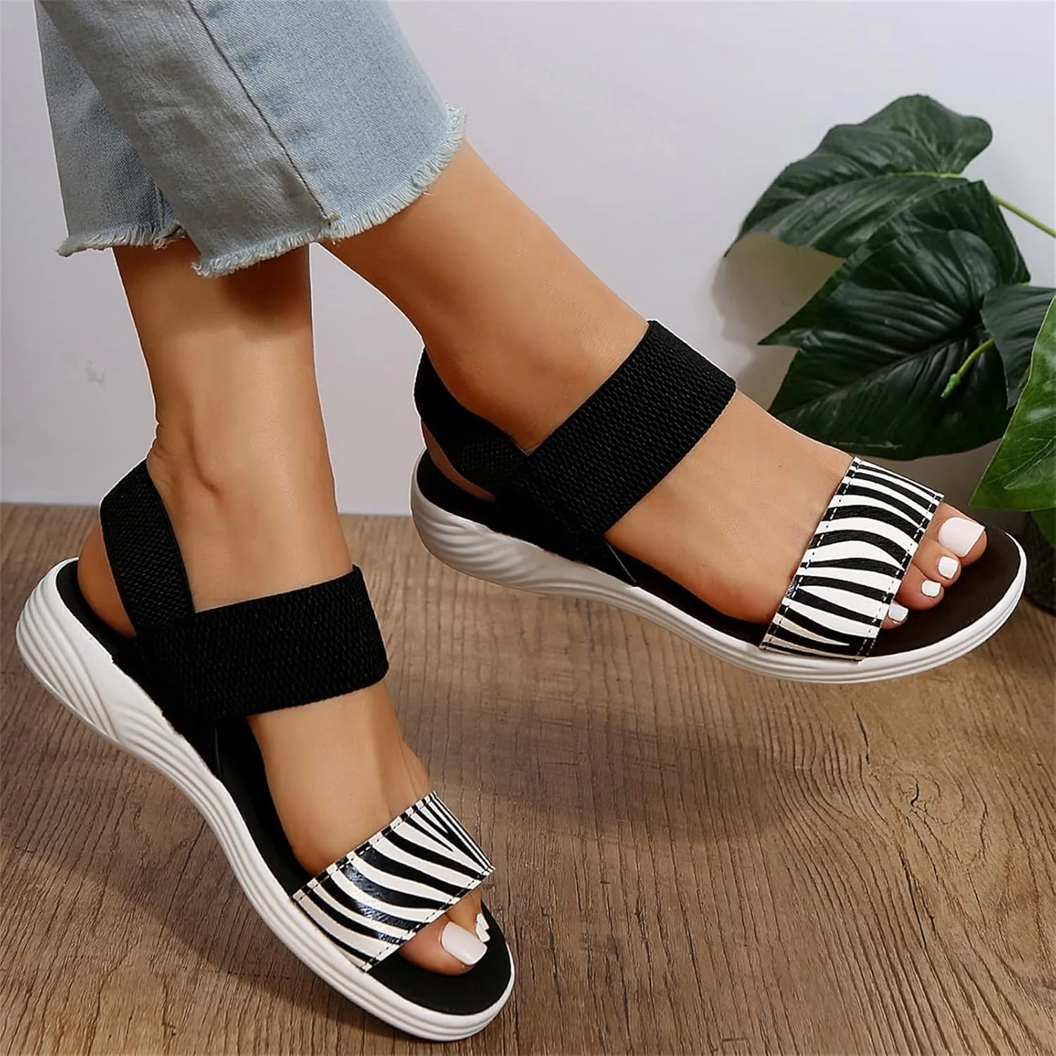 DOIX Womens Flats Sandals Zebra Print Open Toe Fish Mouth Sandals Summer Elastic Knitting Ankle Strap Slip on Sandals Loafer Walking Shoes Sport Sandals,Black,US7/EU38