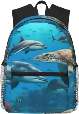 Dolphins Sea Turtle Shark Octopus Coral Reef College Backpack For Women Men,Lightweight Travel Bag Backpack With Pockets