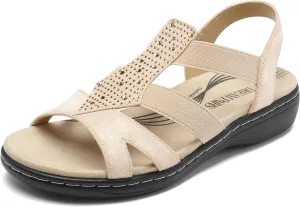 DREAM PAIRS Women's Comfortable Arch Support Dressy Flat Sandals Elastic Open Toe Walking Shoes for Summer