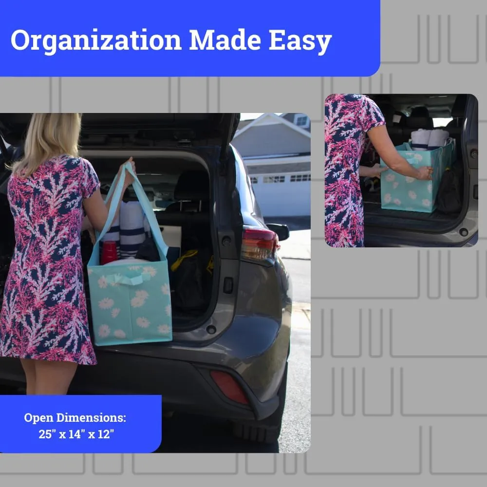 DURASACK Large Grocery Tote Bag 3-Pack All-Purpose Collapsible Tote Bags with Handles Kitchen Reusable Grocery Bags, Blue Daisies