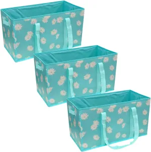 DURASACK Large Grocery Tote Bag 3-Pack All-Purpose Collapsible Tote Bags with Handles Kitchen Reusable Grocery Bags, Blue Daisies