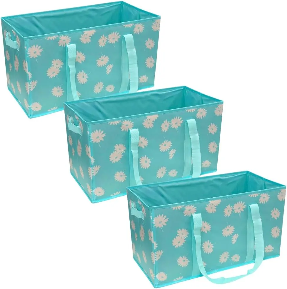DURASACK Large Grocery Tote Bag 3-Pack All-Purpose Collapsible Tote Bags with Handles Kitchen Reusable Grocery Bags, Blue Daisies