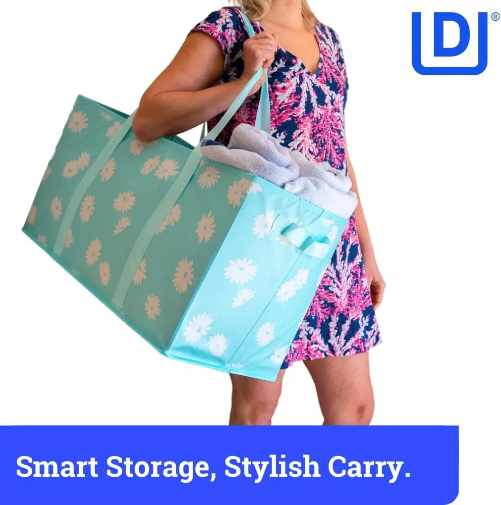 DURASACK Large Grocery Tote Bag 3-Pack All-Purpose Collapsible Tote Bags with Handles Kitchen Reusable Grocery Bags, Blue Daisies