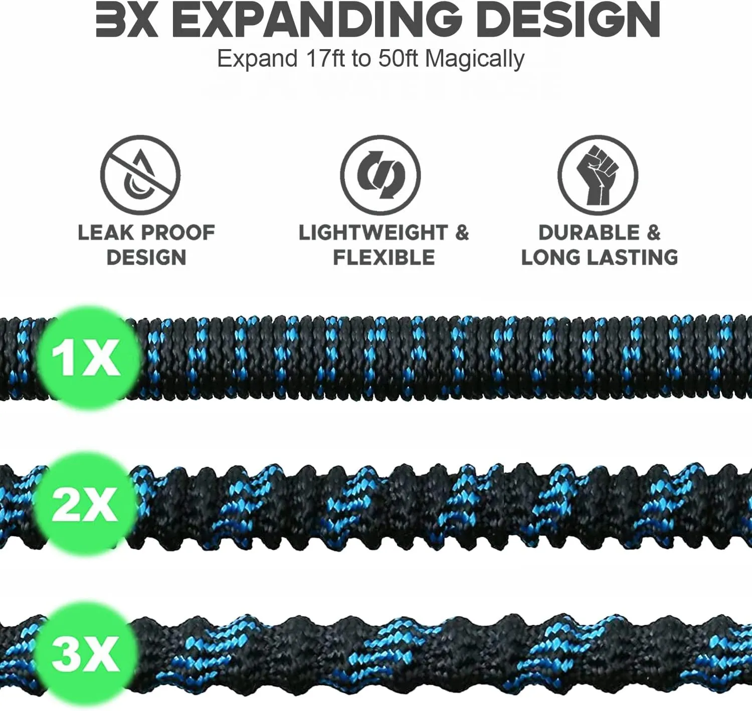 Expandable Garden Hose 50 ft Water Hose with 10 Function Spray Nozzle, Lightweight Flexible Hose with 3-Layer Latex Core and 3/4 Inch Solid Fittings, 50ft Retractable Stretch Hose, (Black & Blue)