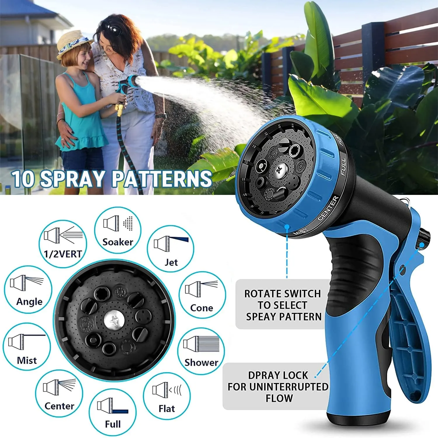 Expandable Garden Hose 50 ft Water Hose with 10 Function Spray Nozzle, Lightweight Flexible Hose with 3-Layer Latex Core and 3/4 Inch Solid Fittings, 50ft Retractable Stretch Hose, (Black & Blue)