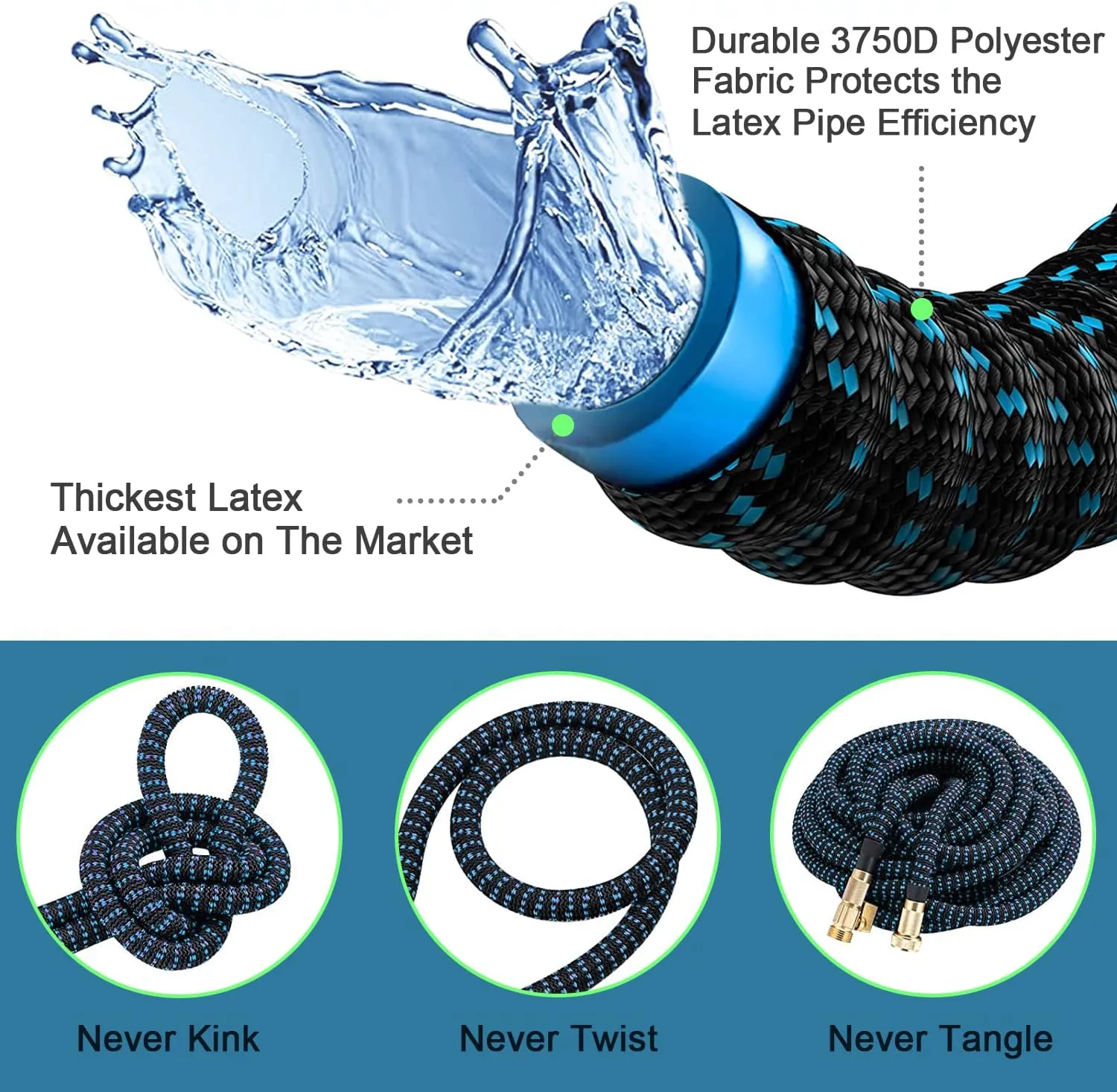 Expandable Garden Hose 50 ft Water Hose with 10 Function Spray Nozzle, Lightweight Flexible Hose with 3-Layer Latex Core and 3/4 Inch Solid Fittings, 50ft Retractable Stretch Hose, (Black & Blue)