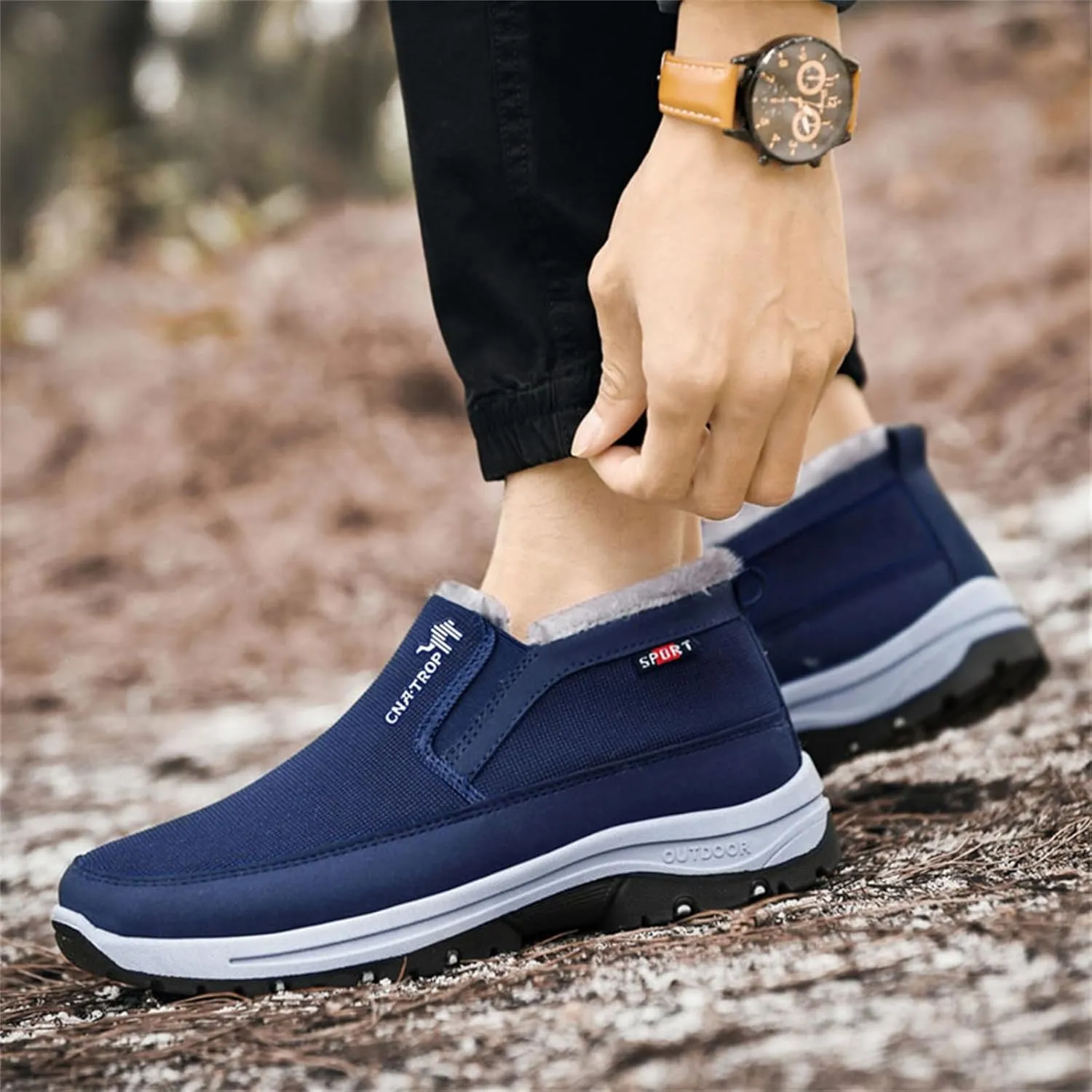FAIRSOMA Men'S CNA Trop Winter Slip-On Warm Ankle Chukka Boots With Arch Support,Outdoor Waterproof Anti-Slip Fur Lined High Top Leather Snow Loafers Comfortable Hiking Walking Shoes