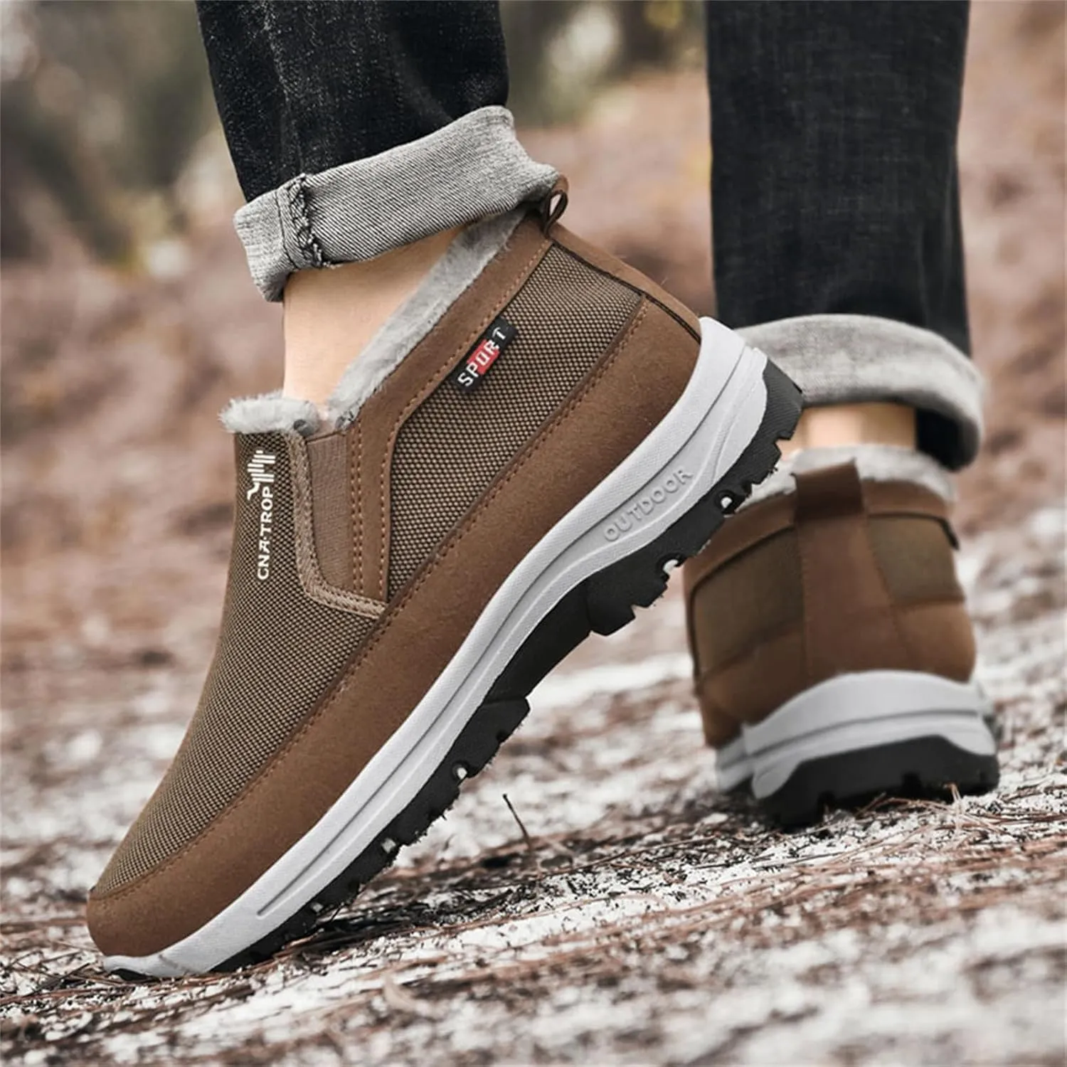 FAIRSOMA Men'S CNA Trop Winter Slip-On Warm Ankle Chukka Boots With Arch Support,Outdoor Waterproof Anti-Slip Fur Lined High Top Leather Snow Loafers Comfortable Hiking Walking Shoes