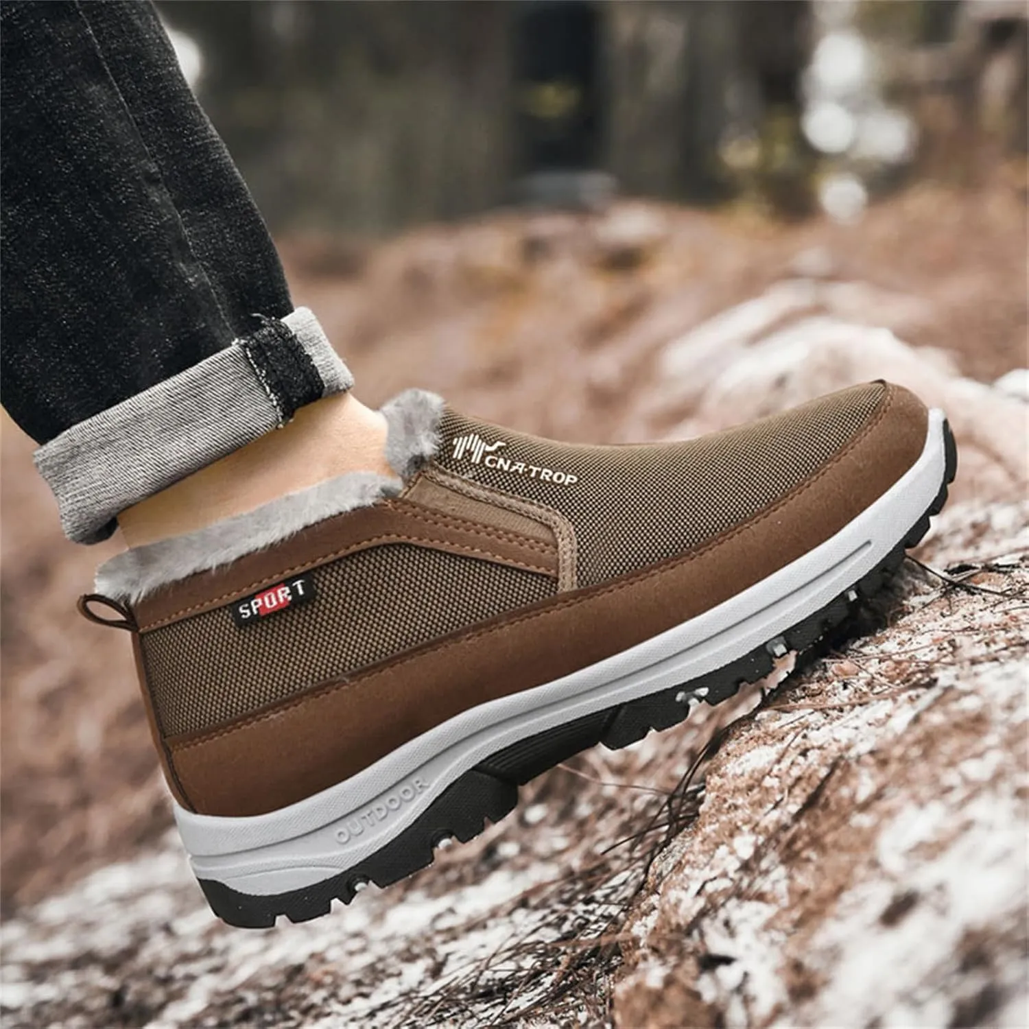FAIRSOMA Men'S CNA Trop Winter Slip-On Warm Ankle Chukka Boots With Arch Support,Outdoor Waterproof Anti-Slip Fur Lined High Top Leather Snow Loafers Comfortable Hiking Walking Shoes