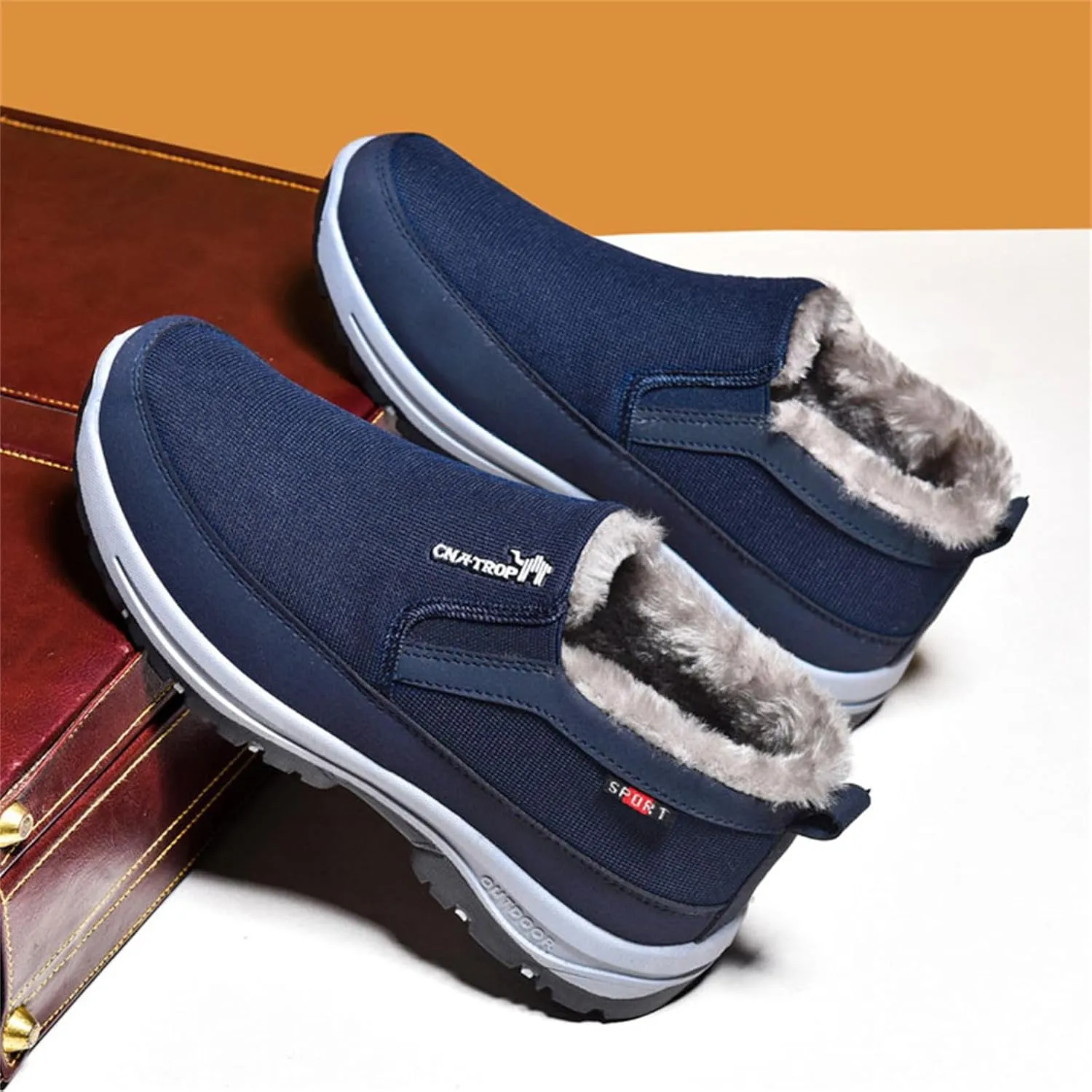 FAIRSOMA Men'S CNA Trop Winter Slip-On Warm Ankle Chukka Boots With Arch Support,Outdoor Waterproof Anti-Slip Fur Lined High Top Leather Snow Loafers Comfortable Hiking Walking Shoes
