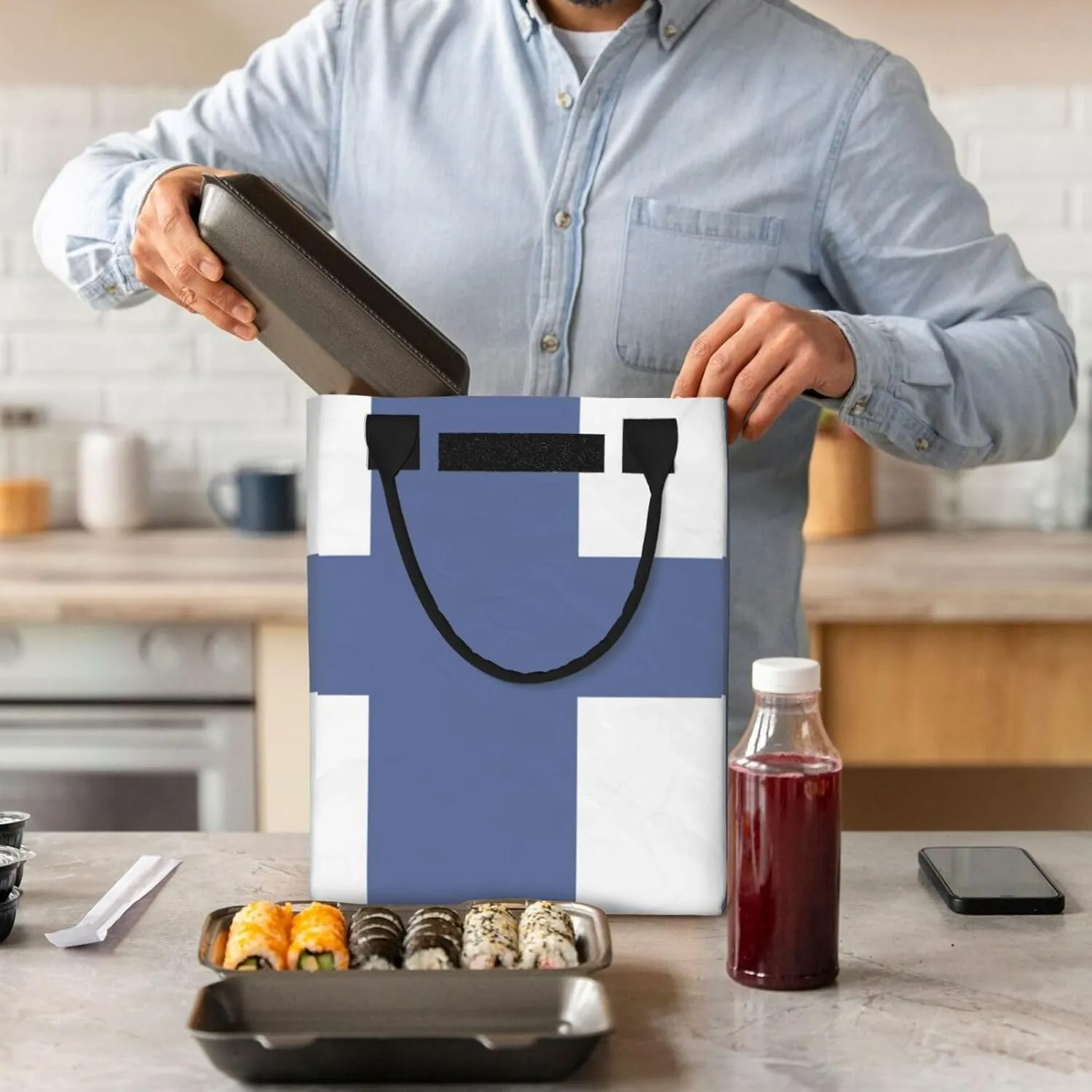 Finnish Flag Reusable Paper Bag For Office Workers, Suitable For Picnic, Travel, More