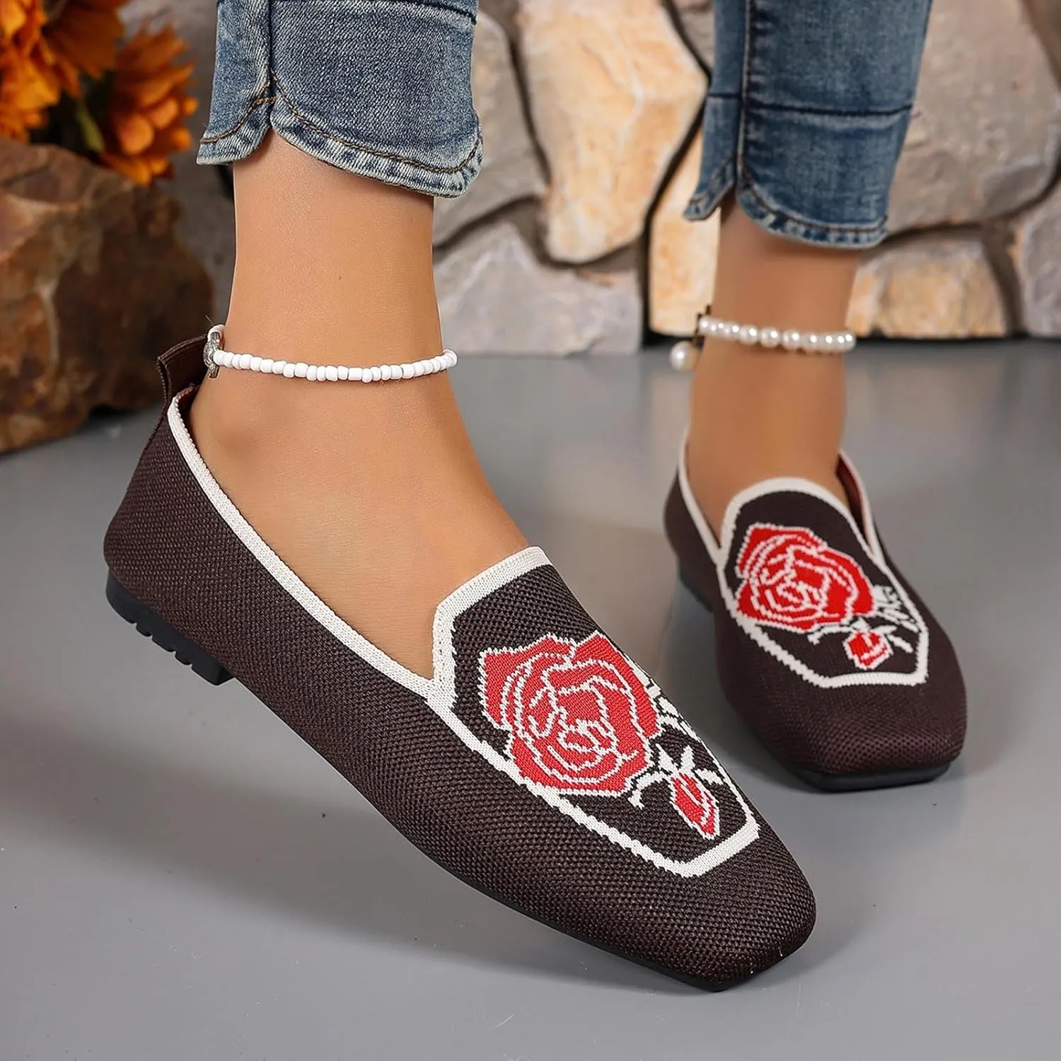 Flats for Women Knit Ballet Flats Slip On Loafer Shoes Comfort Work Shoe