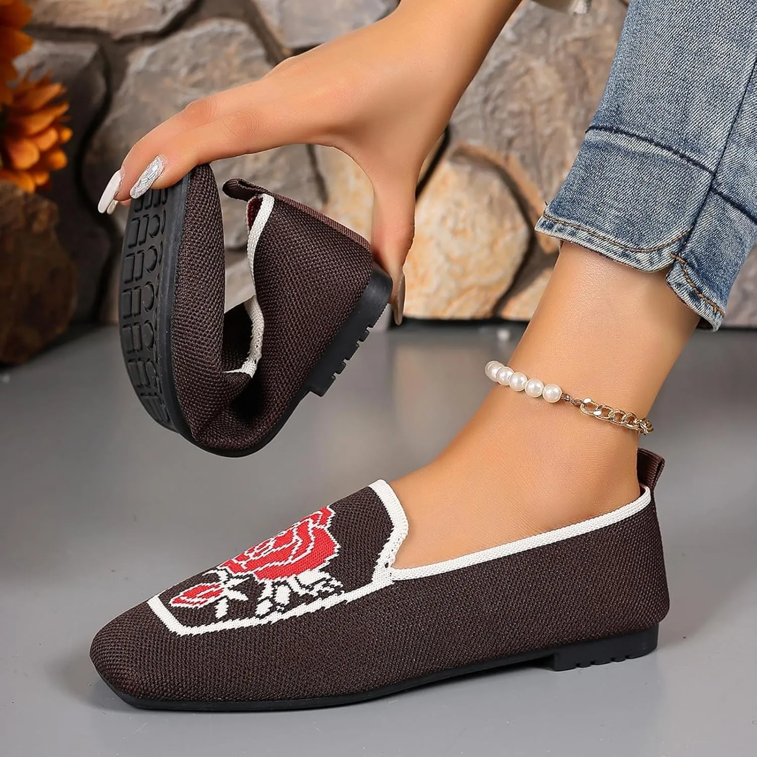 Flats for Women Knit Ballet Flats Slip On Loafer Shoes Comfort Work Shoe
