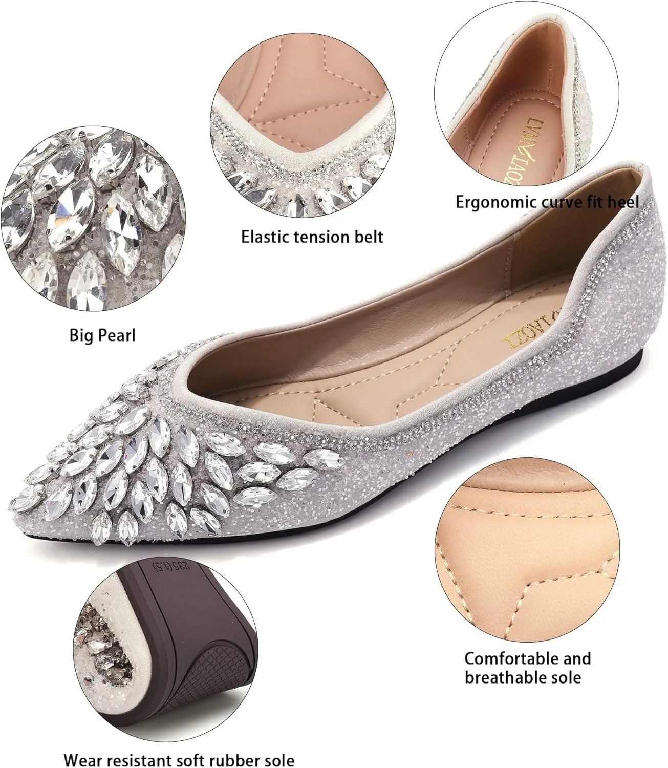 Flats Shoes Women Rhinestone Sequin Wedding Pointed Toe Dress Flat Shoes Comfortable Flats for Women Dressy