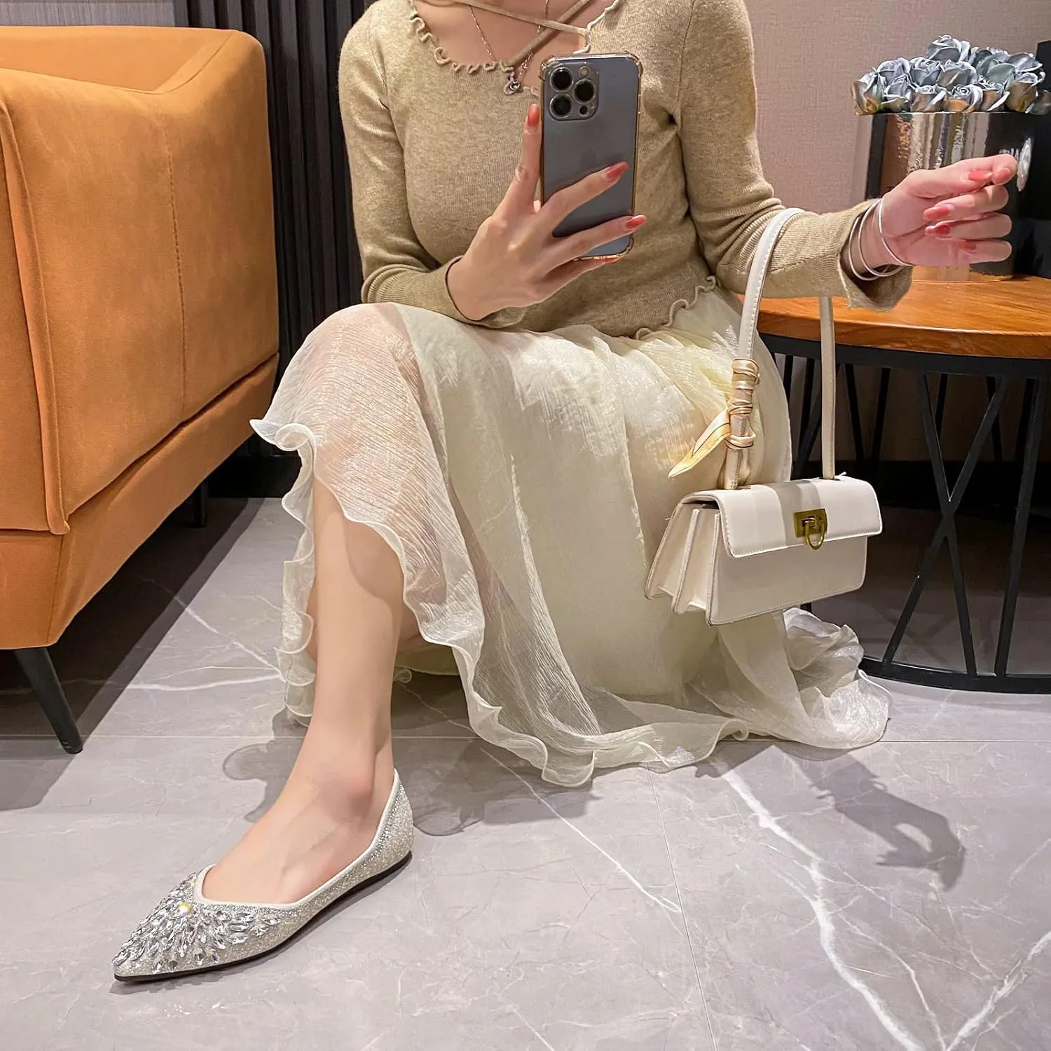 Flats Shoes Women Rhinestone Sequin Wedding Pointed Toe Dress Flat Shoes Comfortable Flats for Women Dressy
