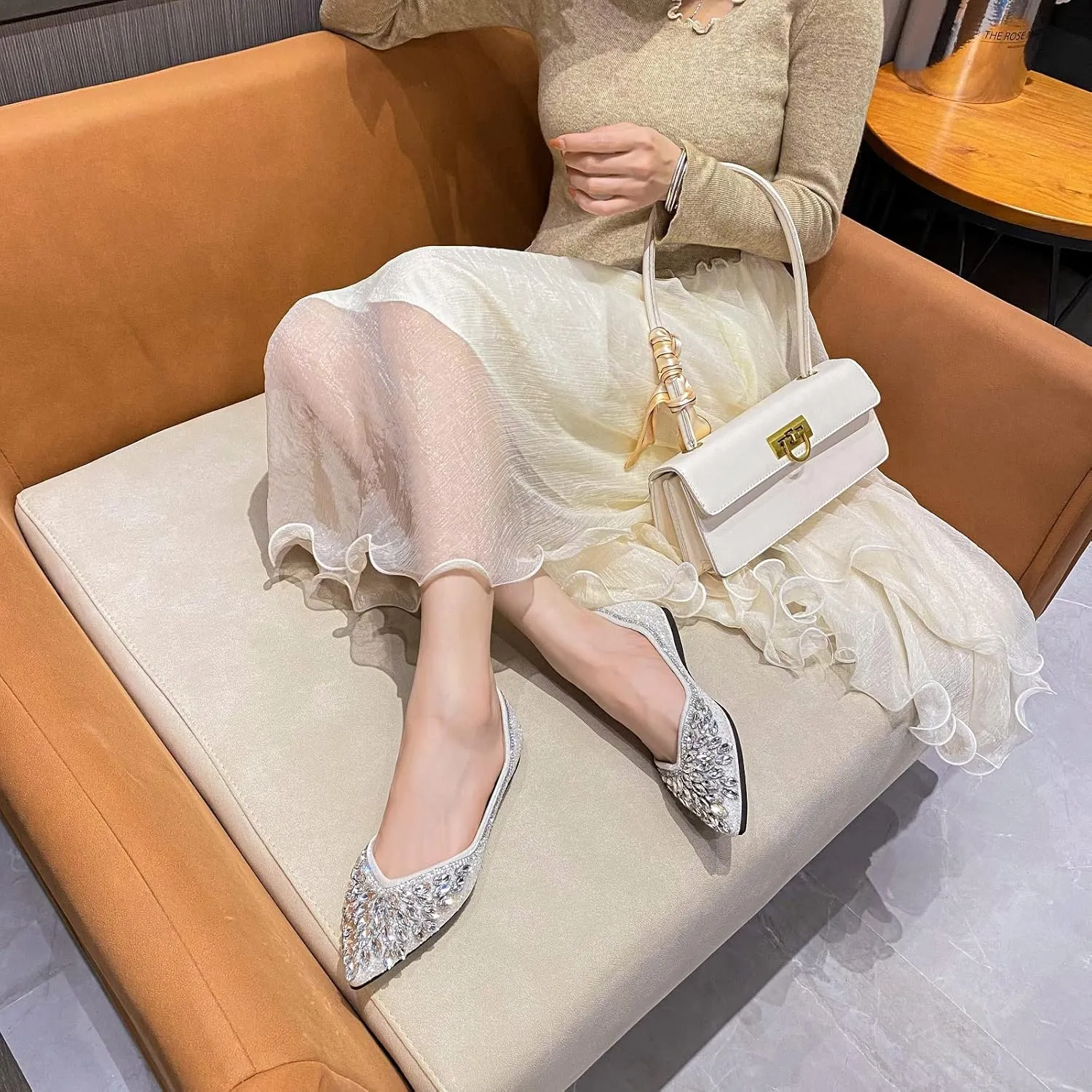 Flats Shoes Women Rhinestone Sequin Wedding Pointed Toe Dress Flat Shoes Comfortable Flats for Women Dressy