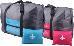 Foldable Travel Duffel Bag 2PCS Sports Gym Tote Water Resistant Carry on Luggage bag Weekender Overnight Bag (Pink Blue)