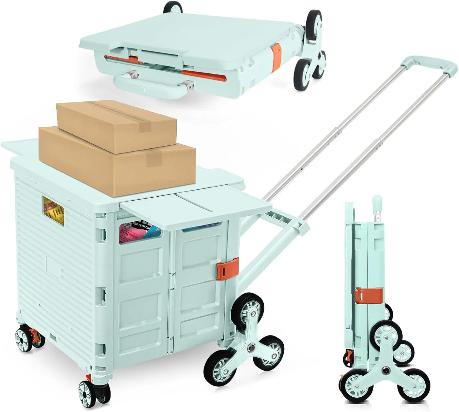 Foldable Utility Cart with Stair Climbing Wheels,Collapsible Rolling Crate with Magnetic Lid Telescopic Cover,Adjustable Telescoping Handle,360° Rotate Wheel Hand Cart for Teacher Shopping Moving