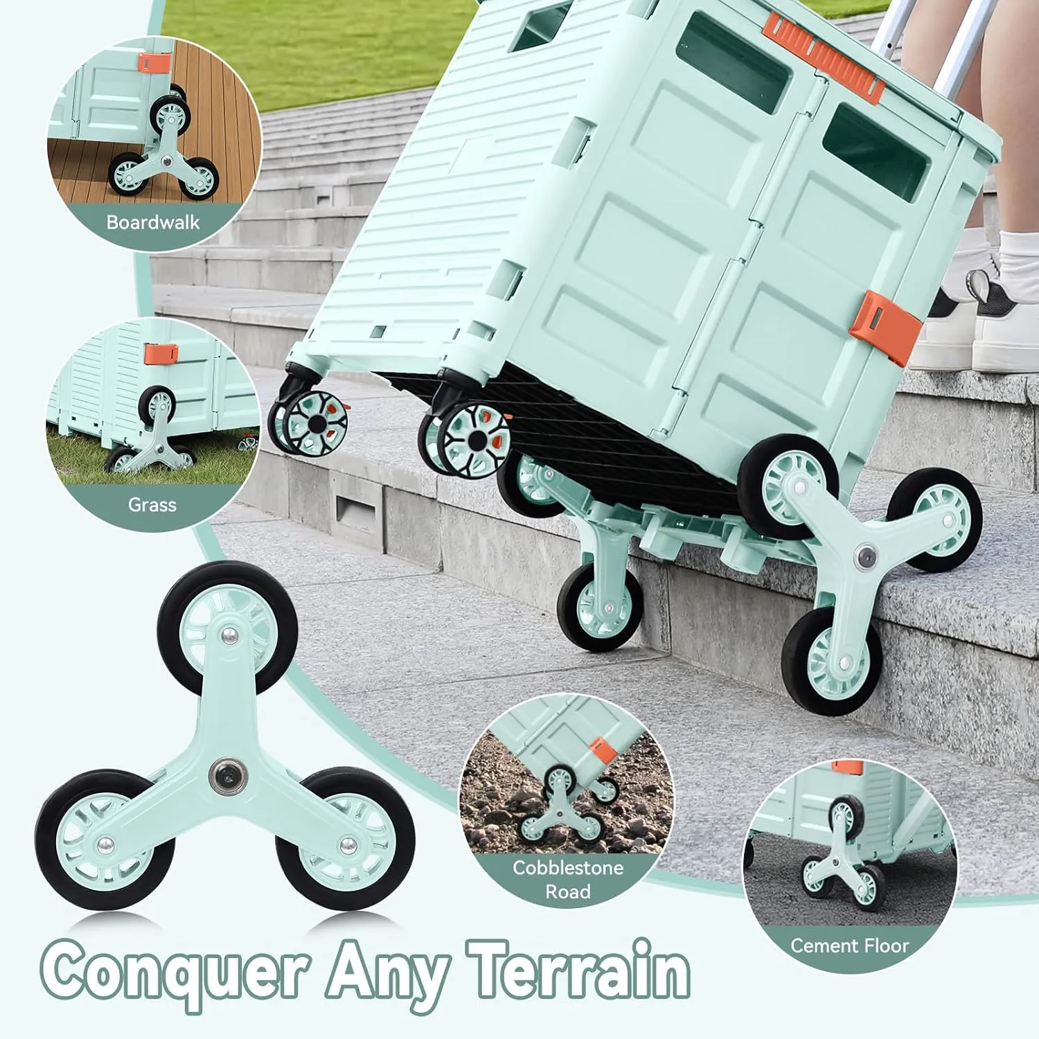 Foldable Utility Cart with Stair Climbing Wheels,Collapsible Rolling Crate with Magnetic Lid Telescopic Cover,Adjustable Telescoping Handle,360° Rotate Wheel Hand Cart for Teacher Shopping Moving