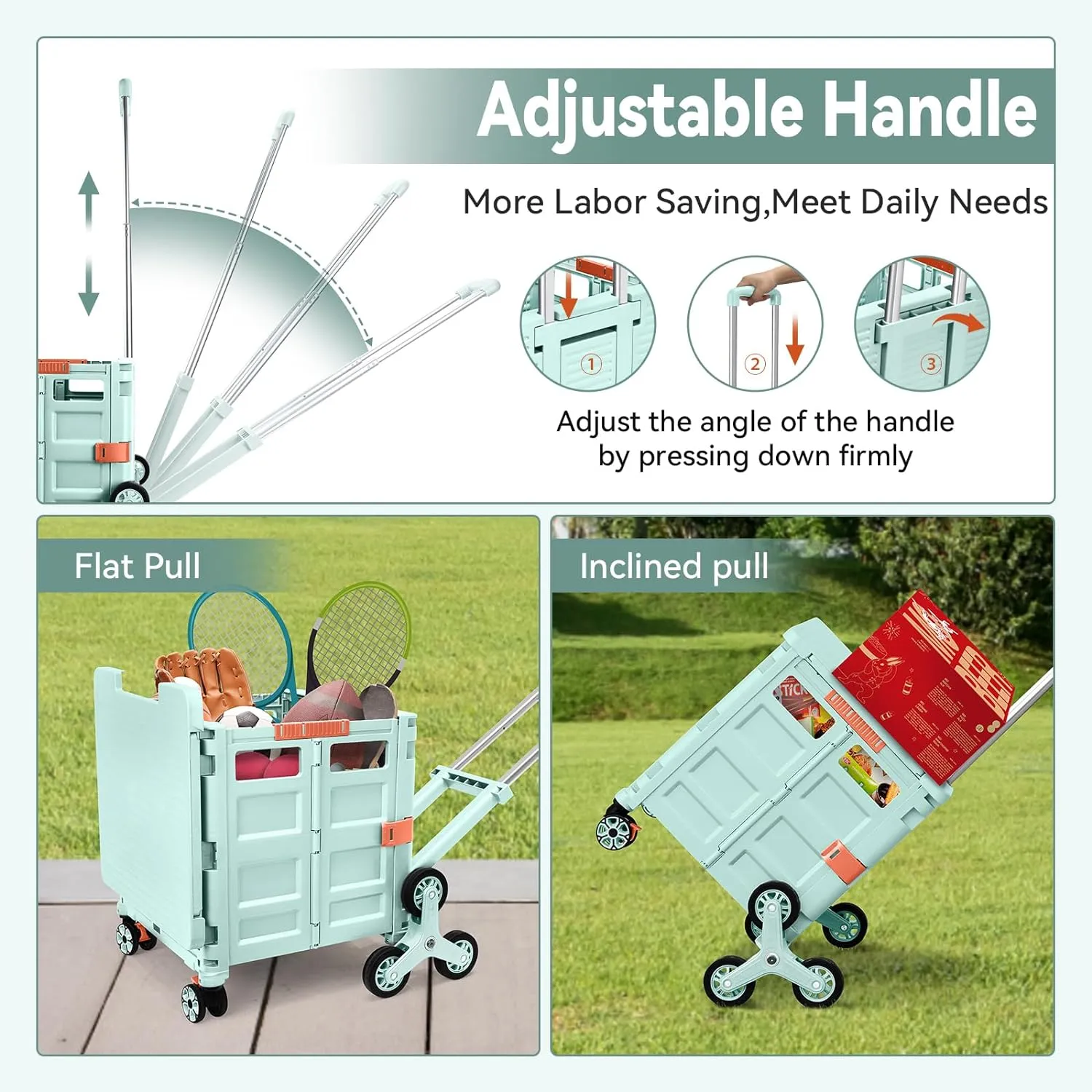 Foldable Utility Cart with Stair Climbing Wheels,Collapsible Rolling Crate with Magnetic Lid Telescopic Cover,Adjustable Telescoping Handle,360° Rotate Wheel Hand Cart for Teacher Shopping Moving