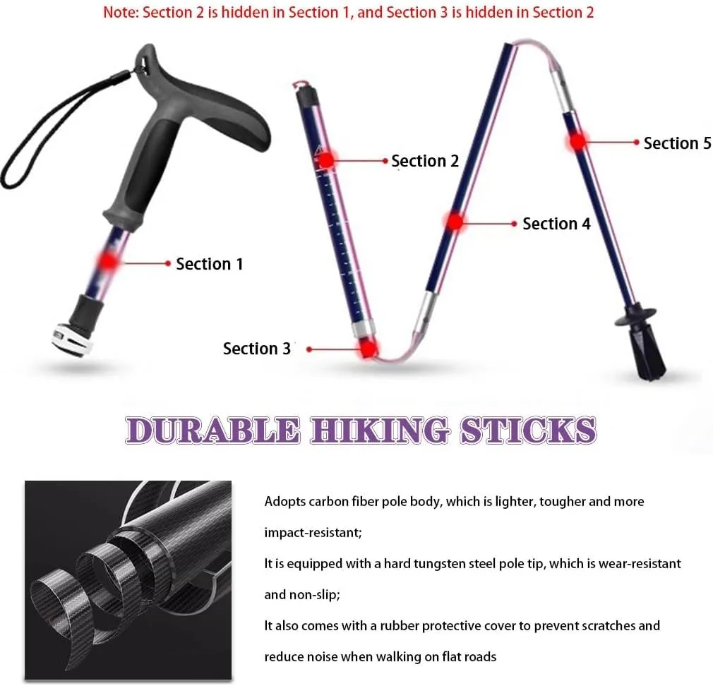 Foldable Walking Sticks for Seniors, Shock Absorbing Trekking Poles, with Wrist Strap   Locking System, Durable Carbon Fiber Pole Body