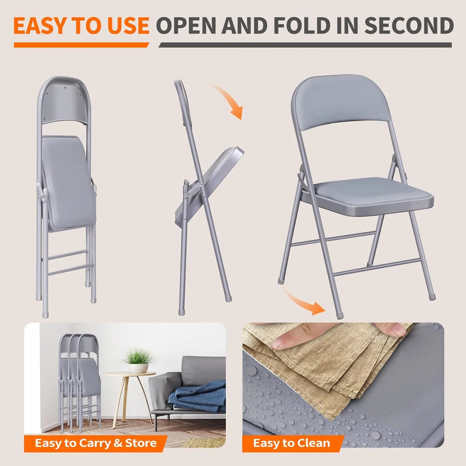 Folding Chairs with Padded Seats - 6 Pack Padded Folding Chair with Steel Frame for Home and Office, Indoor and Outdoor Events, 450 Pound Capacity (Grey, Set of 6)