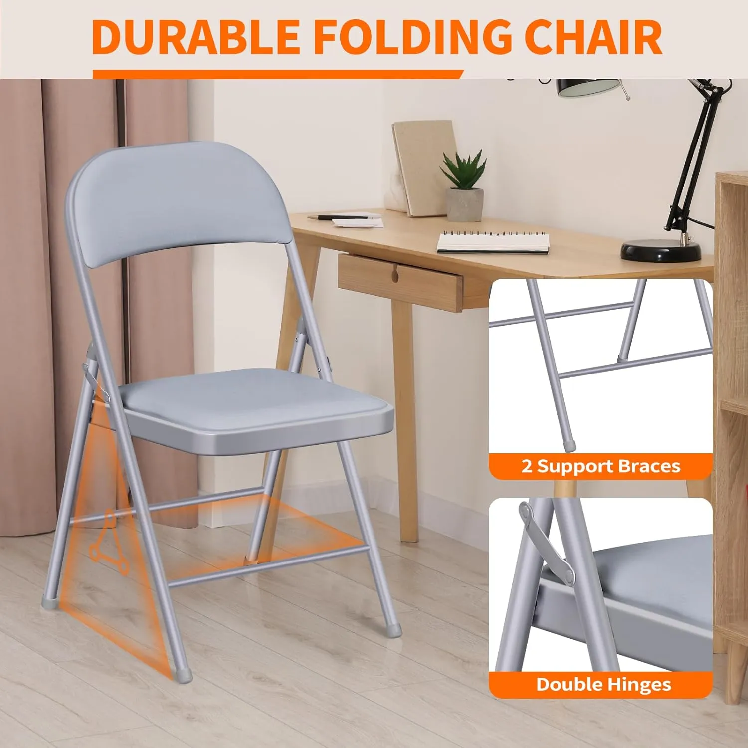 Folding Chairs with Padded Seats - 6 Pack Padded Folding Chair with Steel Frame for Home and Office, Indoor and Outdoor Events, 450 Pound Capacity (Grey, Set of 6)