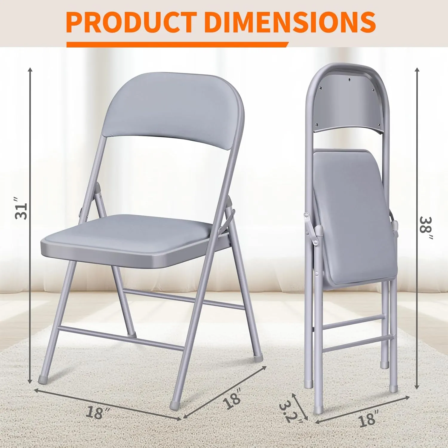 Folding Chairs with Padded Seats - 6 Pack Padded Folding Chair with Steel Frame for Home and Office, Indoor and Outdoor Events, 450 Pound Capacity (Grey, Set of 6)