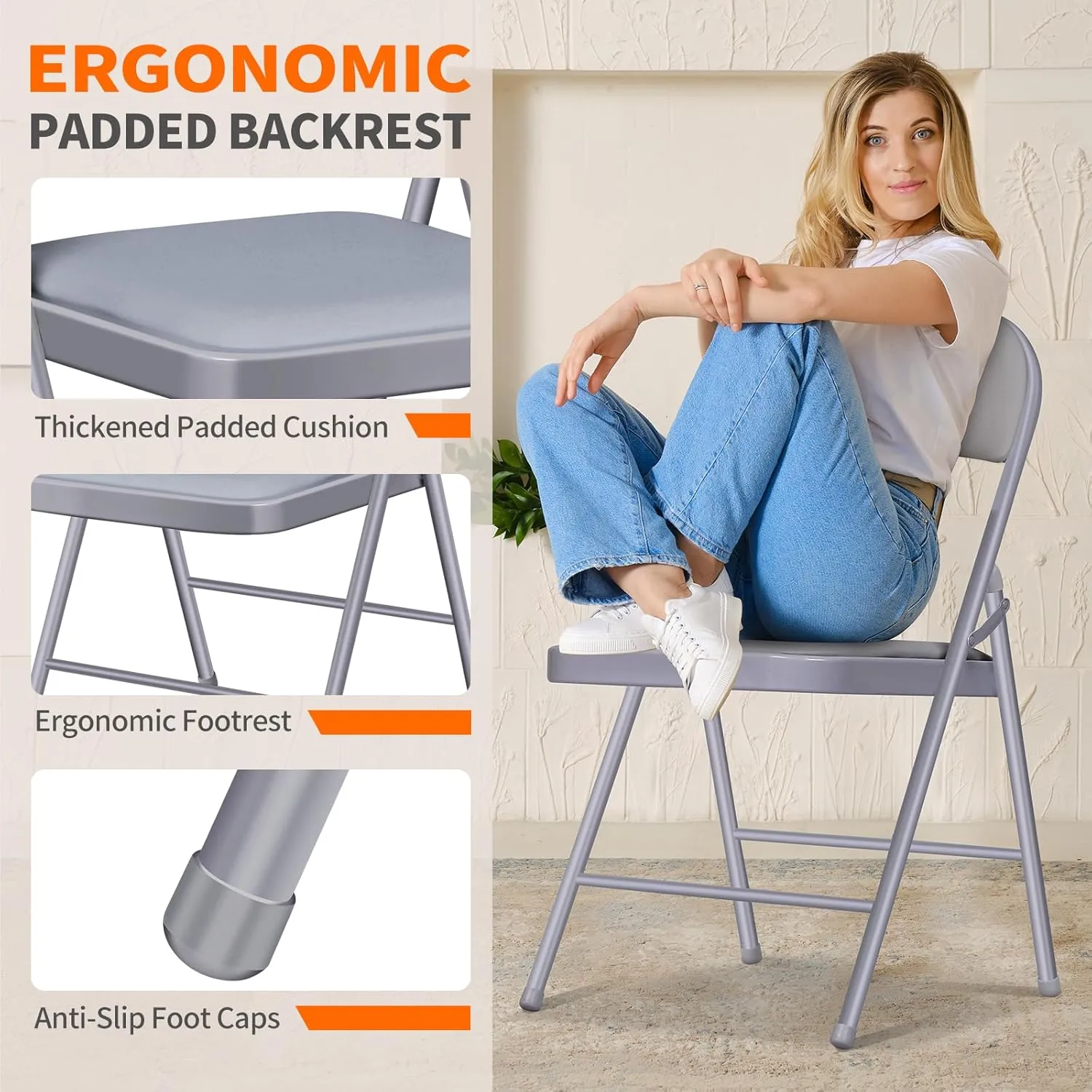 Folding Chairs with Padded Seats - 6 Pack Padded Folding Chair with Steel Frame for Home and Office, Indoor and Outdoor Events, 450 Pound Capacity (Grey, Set of 6)