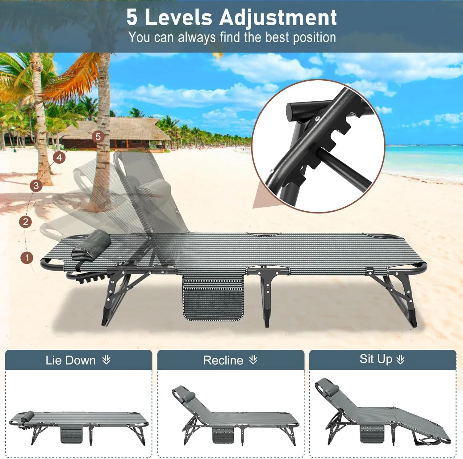Folding Outdoor Chaise Lounge Chair, 5-Position Reclining Patio Chairs for Sun Tanning, Portable Sleeping Camping Cot for Adult, Sleeping Chair Perfect for Pool Beach Patio Lawn Sunbathing