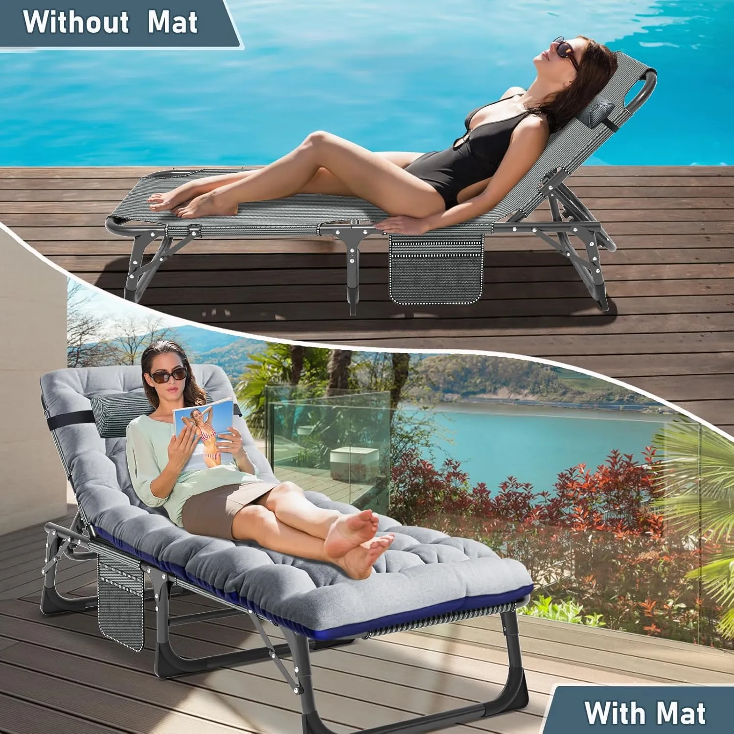 Folding Outdoor Chaise Lounge Chair, 5-Position Reclining Patio Chairs for Sun Tanning, Portable Sleeping Camping Cot for Adult, Sleeping Chair Perfect for Pool Beach Patio Lawn Sunbathing
