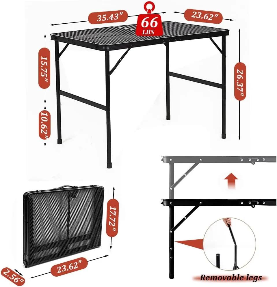 Folding Picnic Table for Grill, 35.42”x 23.62“ x26.37“ Outdoor Camping Table with Portable Mesh Bag, Lightweight Height Adjustable Cooking Table for Garden, Patio, Dining, BBQ, Party, Market