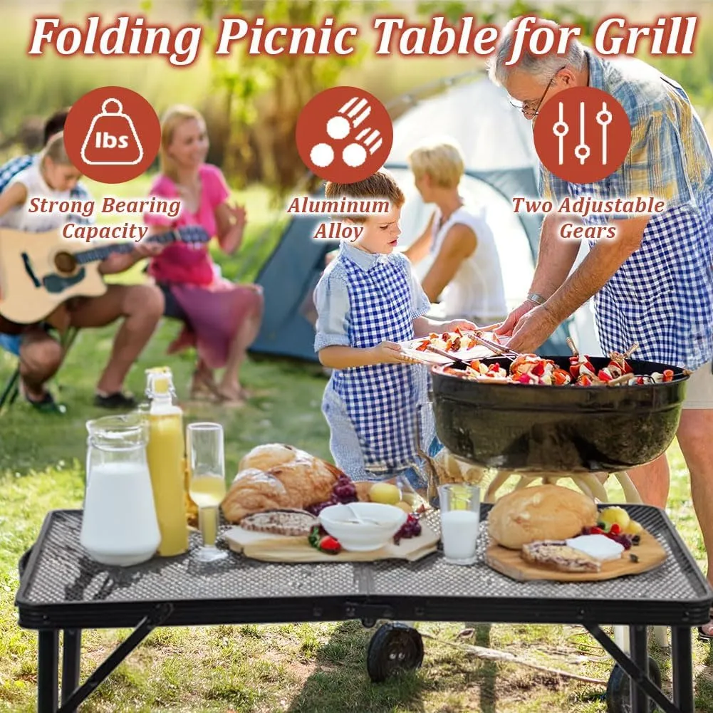 Folding Picnic Table for Grill, 35.42”x 23.62“ x26.37“ Outdoor Camping Table with Portable Mesh Bag, Lightweight Height Adjustable Cooking Table for Garden, Patio, Dining, BBQ, Party, Market