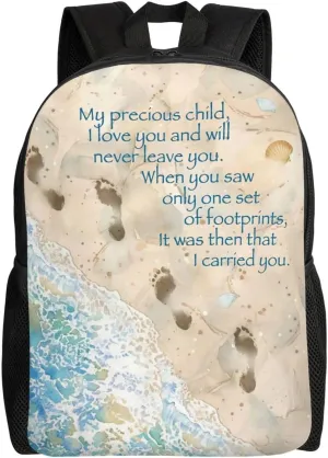 Footprints In The Sand With Quote Backpack – Water-Resistant Laptop Bag, 15" Compartment, Lightweight Unisex Daypack For Work & Travel