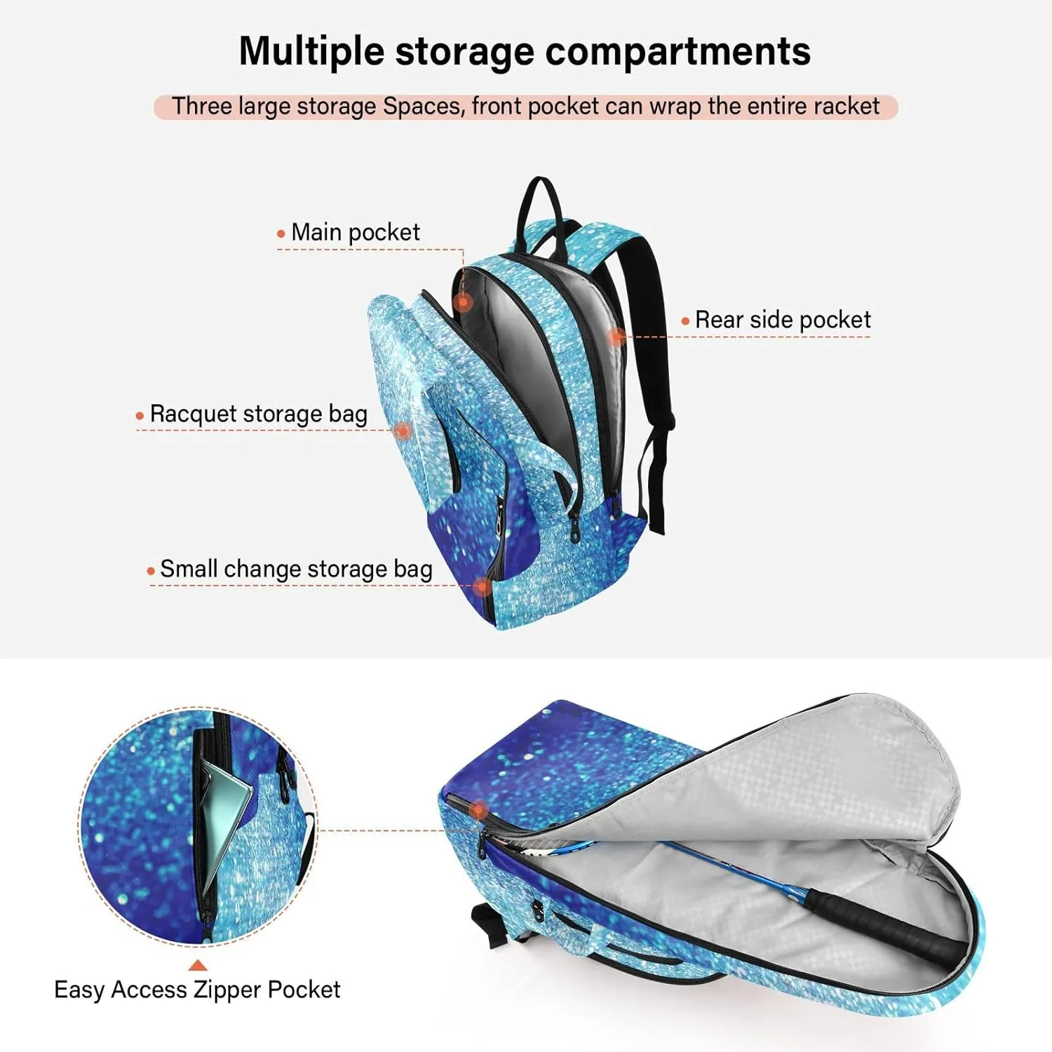 GAIGEO Blue Pink Gradient Pickleball Backpack, Multiple Storage Compartments Pickleball Bags, Foldable Racket Pocket