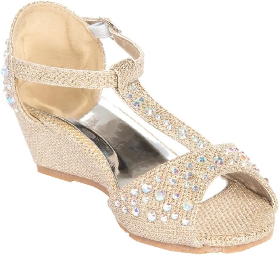 Girls Glitter and Rhinestone Open Toe Wedge Heel (Toddler/Little Girl)