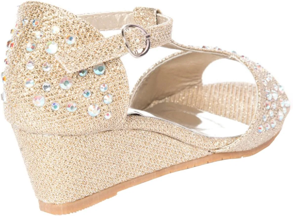 Girls Glitter and Rhinestone Open Toe Wedge Heel (Toddler/Little Girl)