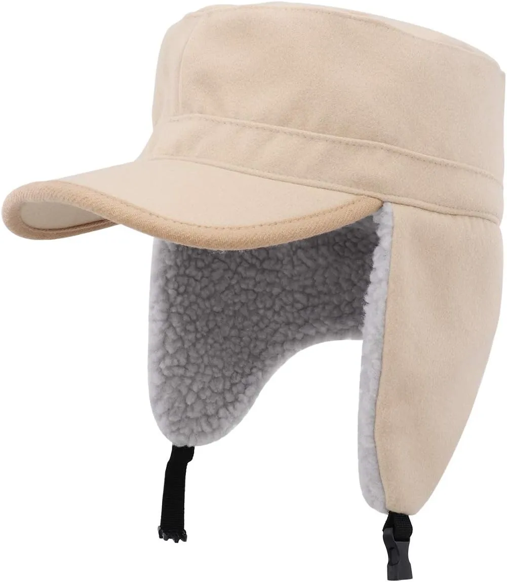 Gisdanchz Winter Wool Army Military Cadet Flat Top Radar Hat for Men Women Khaki Hunting Trapper Elmer Fudds Corps Hats Warm Baseball Cap with Earflaps Aviator Caps with Foldable Visor Khaki