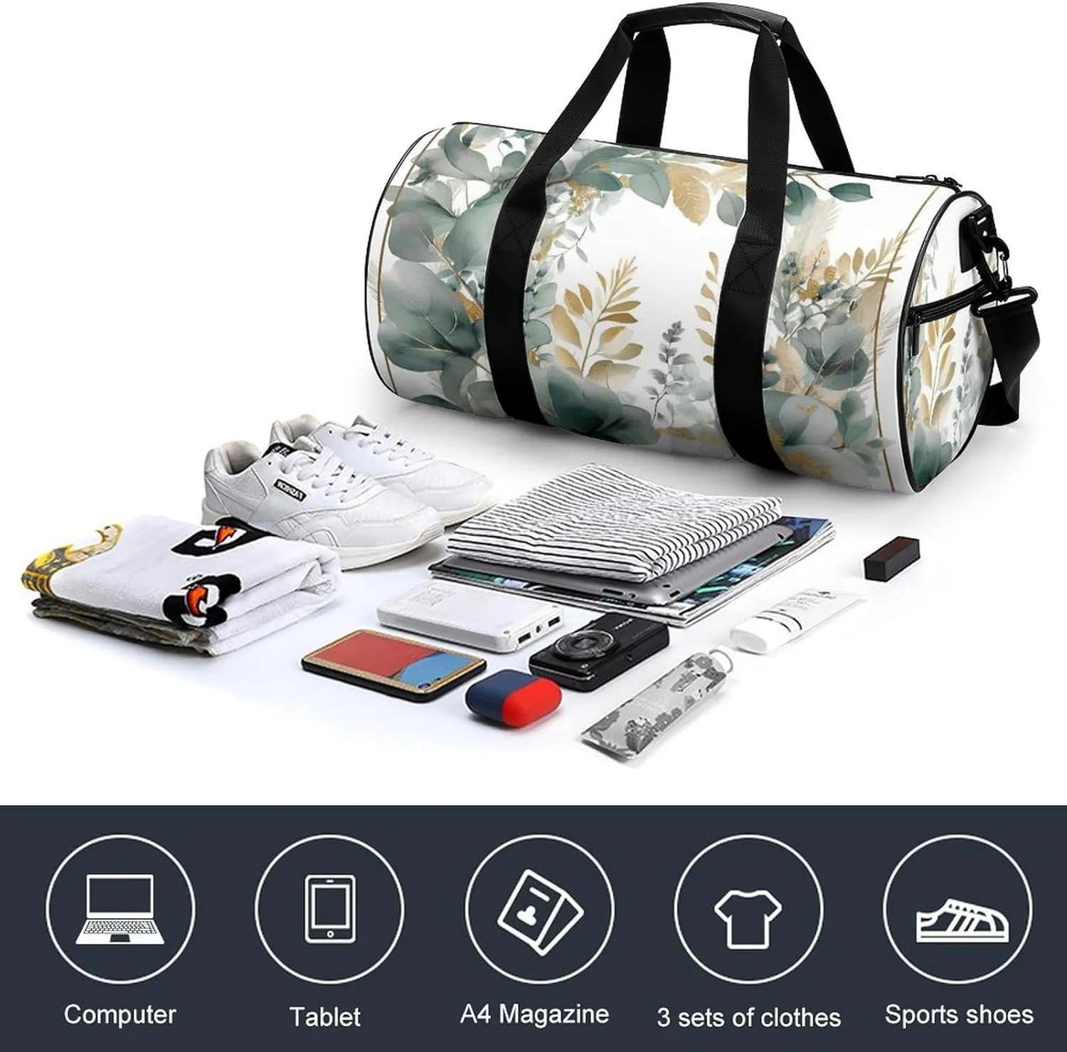 Gold And Green Leaves Gym Bag Small Travel Duffle Bag with Compartment Carry On Weekender Bag for Women Men